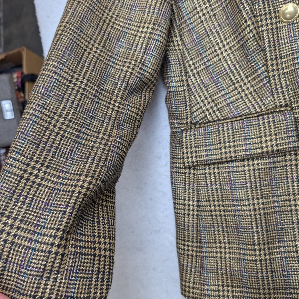 Nine West Blazer Womens Medium Brown Glen Plaid Double Breasted Metallic Gold